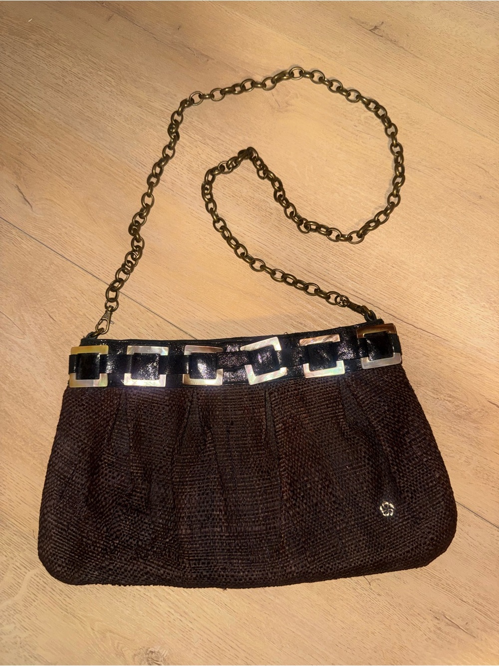 Flora Bella woven and leather Textured Black Evening Clutch with Chain Strap